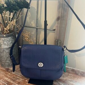 Coach Pebbled Leather Crossbody Bag in Navy with Teal Tag